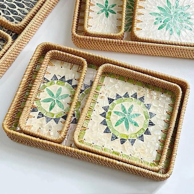 i-lan Set of 3 15" Rattan Woven Serving Tray Basket with MOP Wooden Base and Handles, Boho Wicker Coffee Table Décor Serving Tray with 2 Inch Wall, Handmade Display Basket for Everywhere