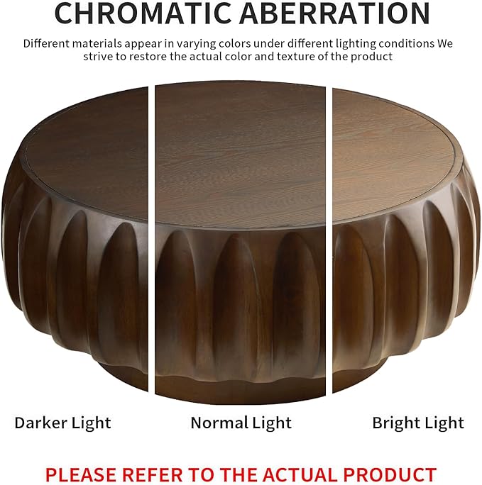 31.5" Round Coffee Table Drum Table Contemporary Wood Fluted Centry Table with Solid Wood Veneer for Living Room (Walnut)