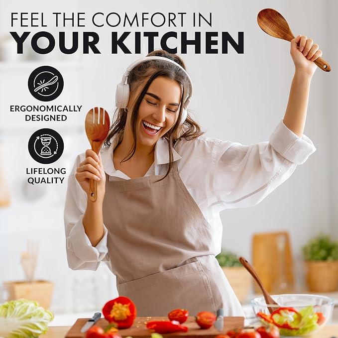 Zulay Kitchen 10-Piece Wooden Spoons for Cooking - Smooth Finish Teak Wooden Utensils for Cooking - Soft Comfort-Grip Wood Spoons for Cooking - Non-Stick Wooden Cooking Utensils - Wooden Spoon Sets