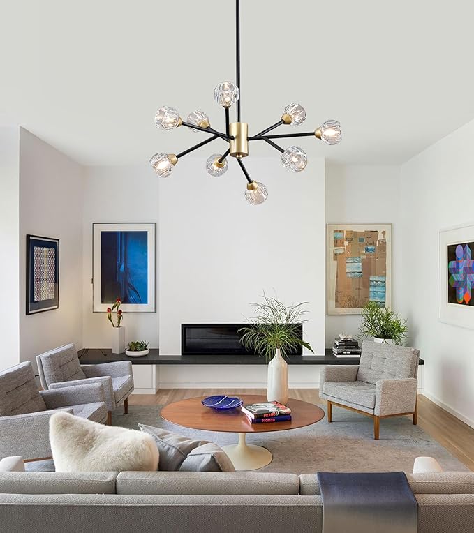 AMZASA Glass Crystal Chandelier for Dining Room, Modern Black and Gold Glass Pendant Lighting, 9 Lights Mid Century Ceiling Light Fixtures for Kitchen Island Living Room Bedroom Bar