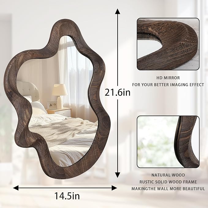 Asymmetrical Wavy Mirror for Wall Decor Large Cute and Stylish Unique Wooden Framed Wall Mirror Vanity Artistic Cloud Mirror 21.6"x15" Decorative for Living Room Bedroom Bathroom Entryway