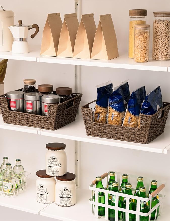 StorageWorks Round Paper Rope Woven Basket for Pantry Organizers and Storage, Stackable Pantry Storage Baskets for Shelves, Brown, 2-Pack