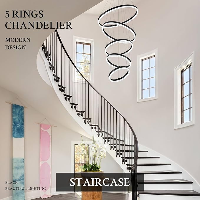 Modern LED Chandelier for Foyer Dimmable Black High Ceiling Chandeliers Foyer with Remote Control for Entryway Dining Room Living Room Staircase, 3000K-6500K(5-Rings D23.6’’)