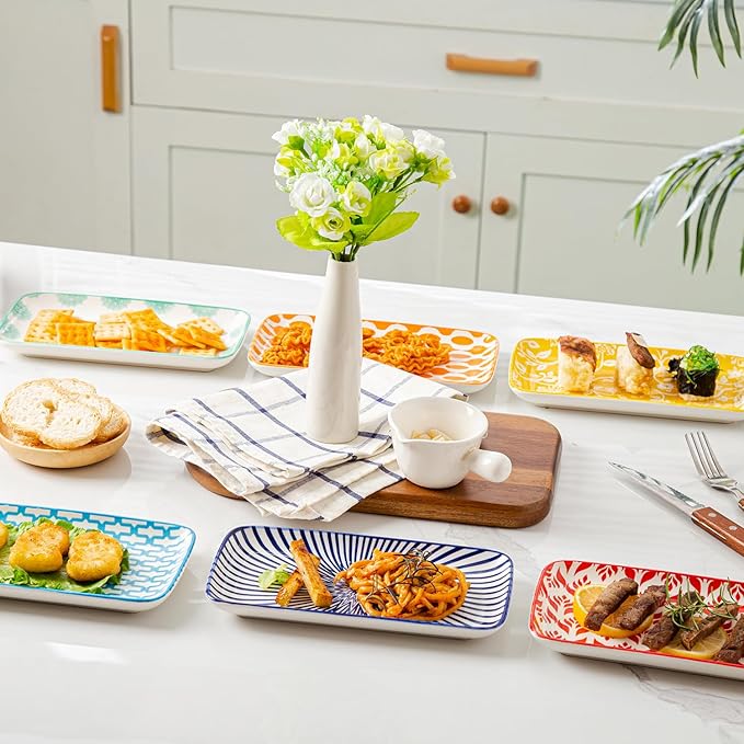 Rectangle Serving Plates Set - 8 Inch Rectangular Ceramic Dinner Appetizer Dishes - Porcelain Platter for Sushi Salad Dessert Pasta - Oven Microwave Dishwasher Safe - Set of 6 - Assorted Colors