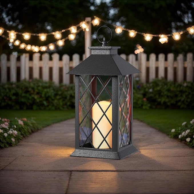 Lanterns Decorative Indoor, 2 Packs 14" Battery-Powered Waterproof Black LED Candle Lanterns with Timer for Patio & Outdoor, Vintage Hanging Lantern for Home & Wedding, Diamond