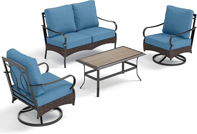 PHI VILLA Outdoor Porch Furniture Set, Upgraded Wicker&Metal Deep Seating Patio Furniture Conversation Set with Waterproof Thick Cushions for Balcony, Deck, and Yard (4 Pieces,Navy)