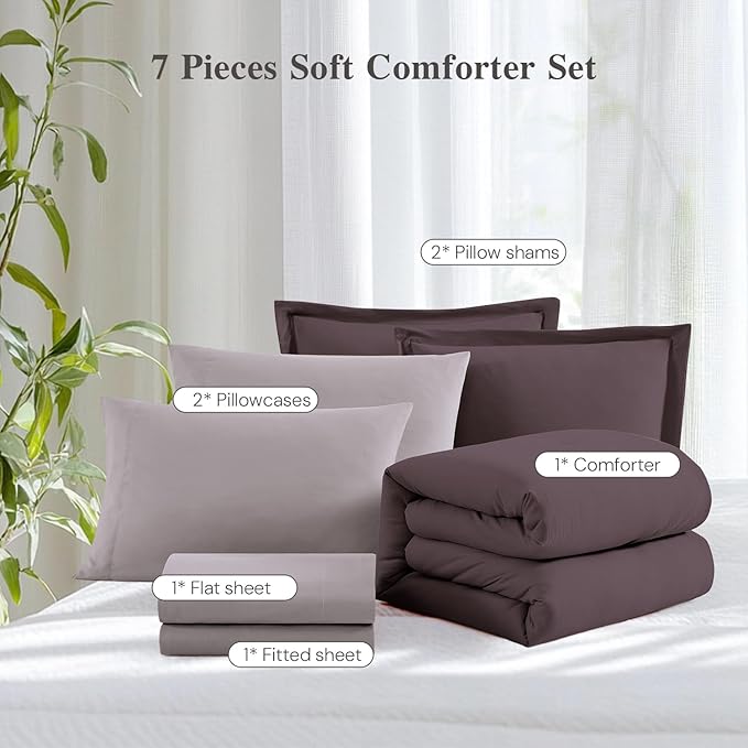 WRENSONGE King Comforter Set, 7 Pieces Italian Plum Soft Bed in a Bag King with Fitted Sheet, Flat Sheet, 2 Pillow Shams, and 2 Pillowcases- Warm Bedding Set for All Season