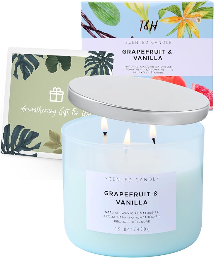 T&H Aromatherapy Soy Candles for Women & Men, Coconut Orange Blossom & Grapefruit Vanilla 3 Wick Scented Candles, 2 x 15.8 Oz