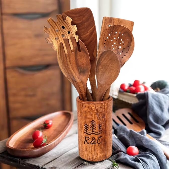 R&C 9-Piece Wooden Kitchen Utensil Set – Premium Teak Cooking Spoons, Spatulas & Strainer with Holder & Hooks – Eco-Friendly, Nonstick, Durable Wooden Cookware Gift Set