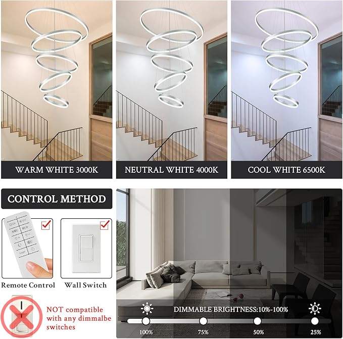 5-Rings D31.5’’ Modern LED Chandelier Silver Dimmable High Ceiling Chandeliers Foyer with Remote Control for Entryway Living Room Dining Room Staircase, 3000K-6500K
