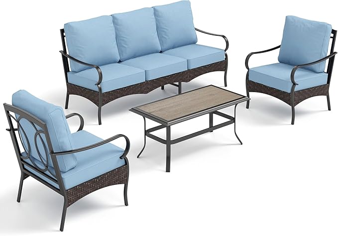 PHI VILLA Outdoor Modern Patio Furniture Set, Upgraded Wicker&Metal Patio Furniture Conversation Set with Waterproof Thick Cushions for Porch, Poolside, Deck, and Yard (4 Pieces,Blue)