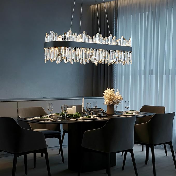 Modern Rectangular Crystal Chandelier, 20-Lights Black Raindrop Chandelier Lighting Contemporary Pendant Ceiling Light Fixture for Dining Room Living Room Kitchen Island L35.4''