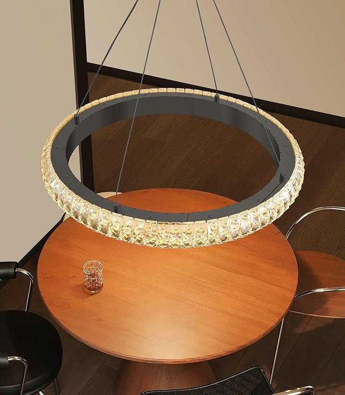 24" Ring Modern LED Dimmable Crystal Chandelier Adjustable Height Pendant Light Round Crystal Chandelier Light Fixtures for Dining Room Living Room Kitchen Island Black