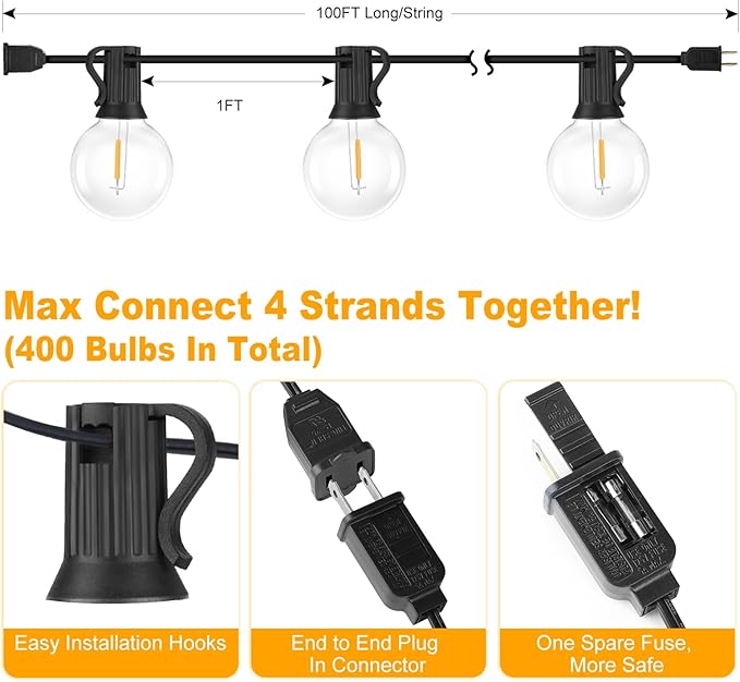 100FT Outdoor G40 LED Globe String Lights Dimmable Waterproof Shatterproof Patio Lights with 104 Bulbs Connectable Commercial Hanging Light for Christmas Patio House Backyard Balcony Party(Black)