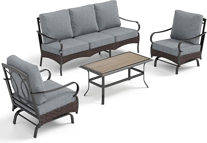 PHI VILLA Outdoor Modern Patio Furniture Set, Upgraded Wicker&Metal Patio Furniture Conversation Set with Waterproof Thick Cushions for Porch, Poolside, Deck, and Yard (4 Pieces,Grey)