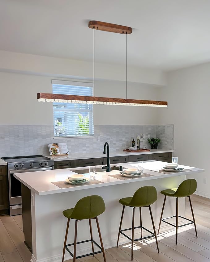 47" Wood Linear Pendant Light, Dimmable Kitchen Island Lighting with Remote, 30W LED Island Lights for Kitchen, Adjustable Linear Chandelier for Dinning Room Light Fixture,Pool Table Light - Walnut