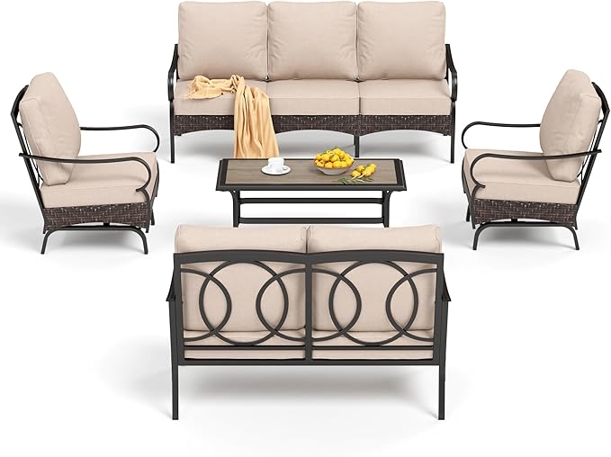 PHI VILLA Outdoor Modern Patio Furniture Set, Upgraded Wicker&Metal Patio Furniture Conversation Set with Waterproof Thick Cushions for Porch, Poolside, Deck, and Yard (5 Pieces,Beige)