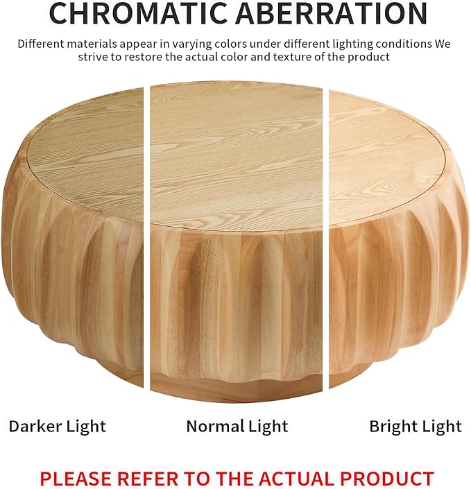 31.5" Round Coffee Table Drum Table Contemporary Wood Fluted Centry Table with Solid Wood Veneer for Living Room (Natural)