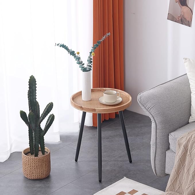 Tiita Rattan Round End Table Mental Side Table Nightstand/Small Wood Tables Accent Coffee Table with Wooden Tray for Living Room Bedroom Office Small Space