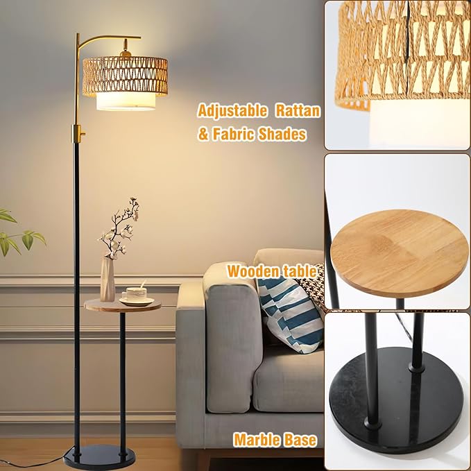 Dimmable Floor Lamp with Table and Marble Base, Arc Floor Lamp with Dimmable Bulb, Boho Farmhouse Standing lamp with Fabric & Rattan Lampshades for Living Room Bedroom (Black and Gold)