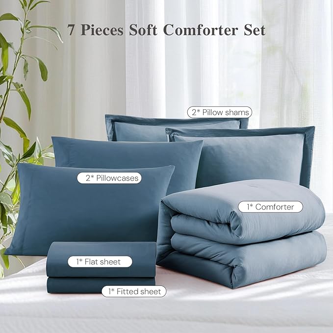WRENSONGE Queen Comforter Set- 7 Pieces Soft Oxford Blue Bed in a Bag with Fitted Sheet, Flat Sheet, 2 Pillow Shams, and 2 Pillowcases- Warm Bedding Sets Queen for All Season