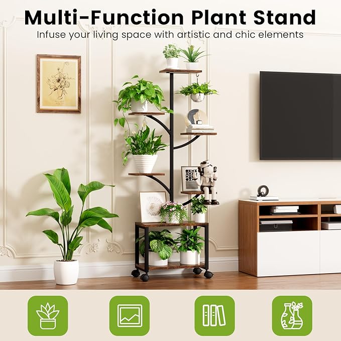 Plant Stand Indoor with Grow Lights & Wheels, 60" Tall 7-Tiered Mobile Corner Plant Shelf for Indoor Plants, Metal Tree-Shaped Plant Rack for Living Room, Patio, Balcony, Black