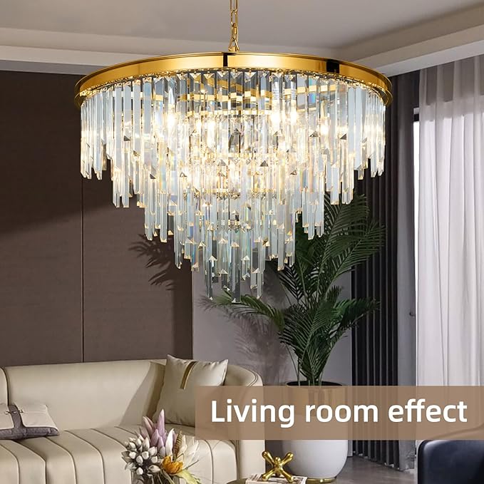 Gold Top K9 Crystal Chandelier Modern Lighting Fixture, 16 Lights Round K9 Crystal Adjustable Hanging Lamp for Dining Room Bedroom Living Room,Hallway,Bar,Kitchen W31''