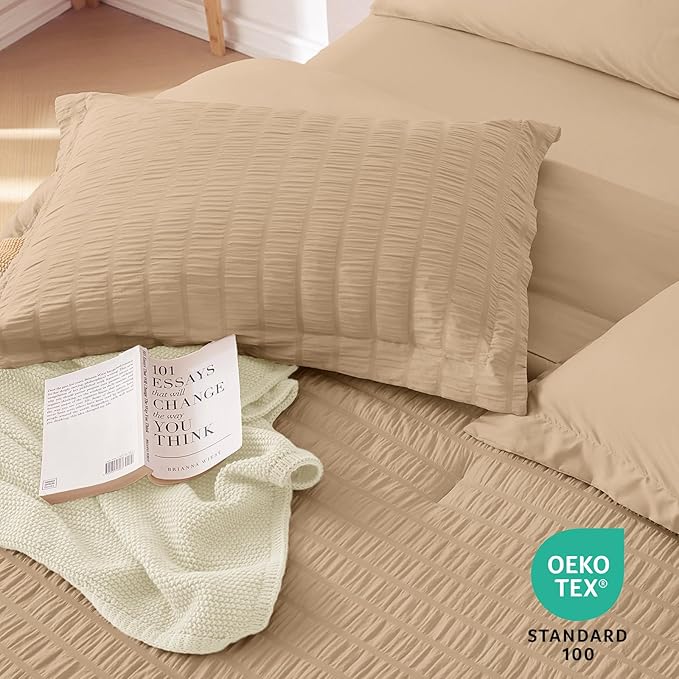 MUXHOMO 7 Pieces Queen Comforter Set, Seersucker Bed in a Bag Queen Size, All Season Luxury Bedding Set with Comforter, Flat Sheet, Fitted Sheet, Pillowcases & Shams, Khaki