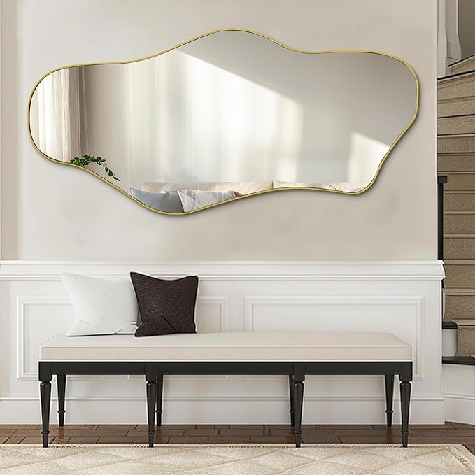 Irregular Mirror Full Length, 63.4"x29" Large Asymmetrical Mirror, Big Gold Floor Mirrors for Dressing, Modern Wavy Shaped Mirrors for Living Room Bathroom Bedroom Entryway
