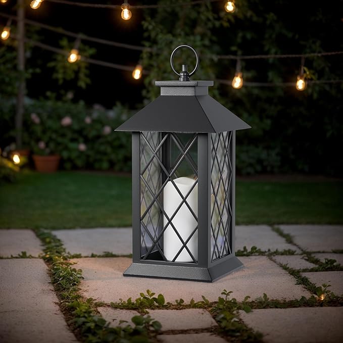 Lanterns Decorative Indoor, 14" Battery-Powered Waterproof Black LED Candle Lanterns with Timer for Patio & Outdoor, Vintage Hanging Lantern for Home & Wedding, Diamond