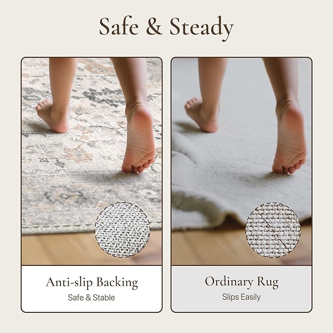 GENIMO 29"x17" Area Rugs for Living Room, Machine Washable Non Slip Vintage Rugs, Low Pile Soft Chenille Print Rug for Bedroom, Dining Room, Home Office, Light Taupe Brown