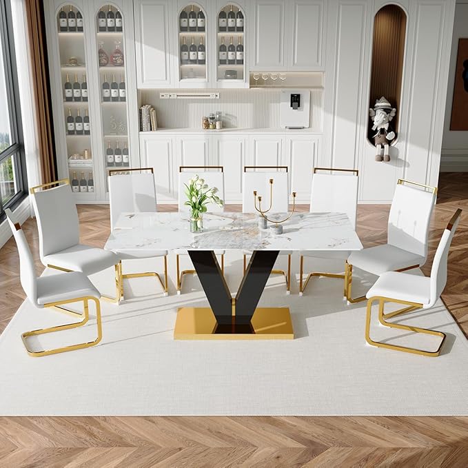 71'' Dining Table Set for 8,Marble Dining Table Set,Modern Kitchen Table with 8 PU Leather Chairs,Gold Dining Room Table Set with V-Shaped Black Glossy Pillars,Ideal for Kitchen Dining Room