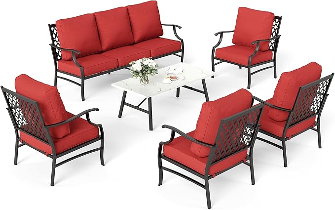 6 Piece Metal Outdoor Patio Furniture Set, Patio Conversation Sets 1 3-Seater Sofa, 4 Fixed Chairs with 5.75" Thick Cushion and Coffee Table, Backyard Furniture Set for Deck, Red
