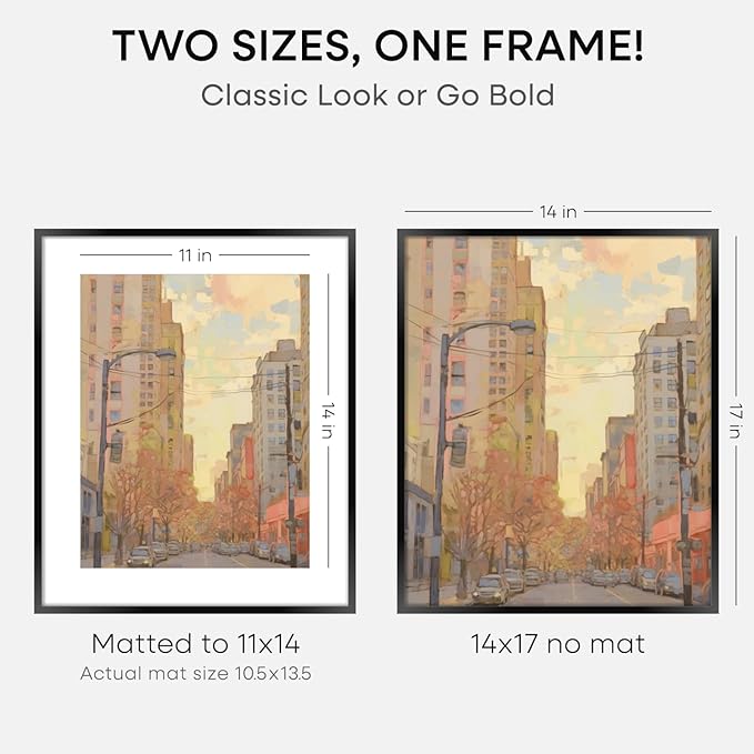 Homeforia 14x17 Picture Frame Black, High End Metal 14 x 17 Poster Frames with Mat 11 x 14 for Photo, 14x17 Black Frame Matted to 11x14 inch Print, 17x14 Thin Frame, Tempered Glass, Wall Kit, Set of 2