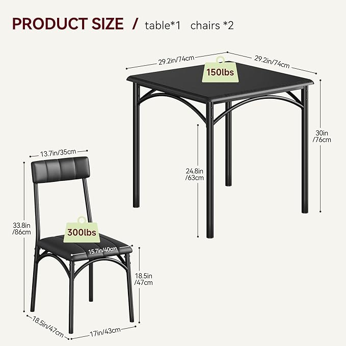 GAOMON Dining Table Set for 2, Kitchen Table with Upholstered Chairs for 2, Small Dining Room Table Set, Square Kitchen Table Set for Small Space, Apartment, Home, Studio, Rustic Black