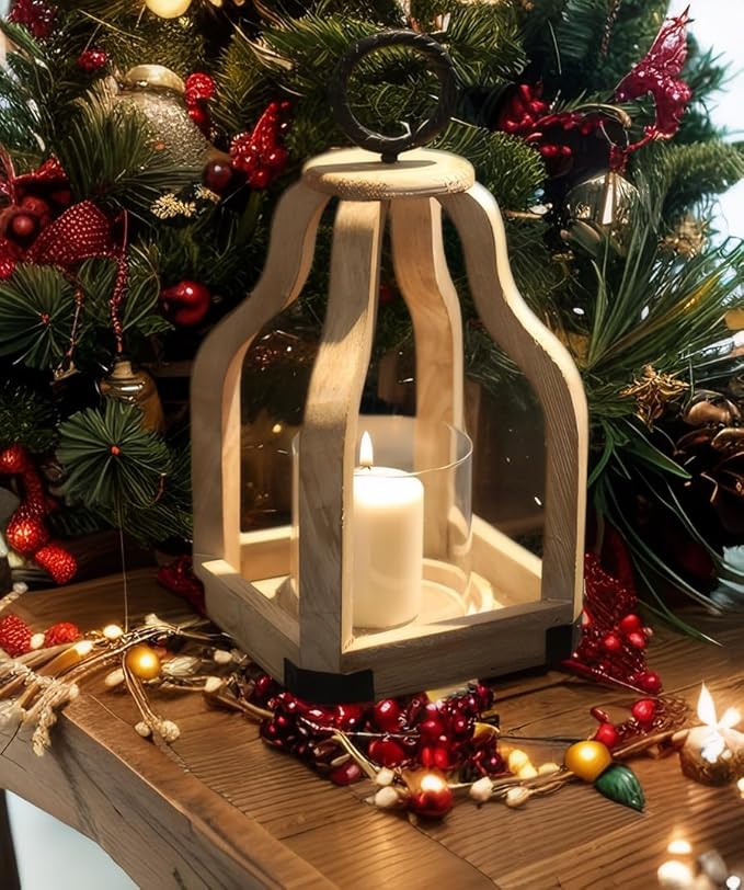 SwallowLiving 13" Rustic Farmhouse Wood Candle Hurricane Lantern with Glass Candlestick Holder for Patio, Table Centerpiece, White