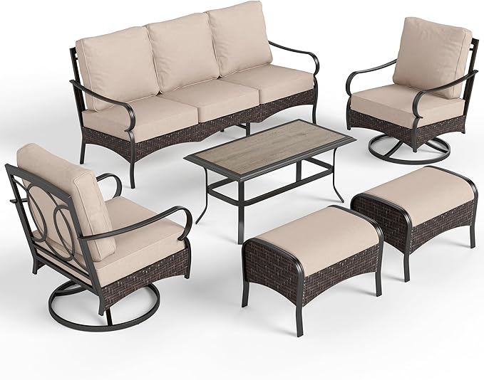 PHI VILLA Outdoor Modern Patio Furniture Set, Upgraded Wicker&Metal Patio Furniture Conversation Set with Waterproof Thick Cushions for Porch, Poolside, Deck, and Yard (6 Pieces,Beige)