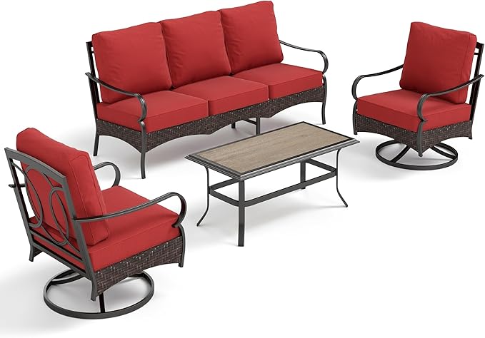 PHI VILLA Outdoor Modern Patio Furniture Set, Upgraded Wicker&Metal Patio Furniture Conversation Set with Waterproof Thick Cushions for Porch, Poolside, Deck, and Yard (4 Pieces,Red)