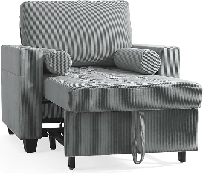 UIXE 3-in-1 Sleeper Chair Pull Out Sofa Bed, Convertible Reclining Seat Upholstered Armchair, Adjustable Backrest Recliner Chair with Side Pockets, Cup Holder & USB Ports - Gray