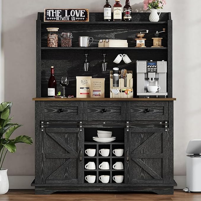 63 Inch Tall Coffee Bar Cabinet with 3-Tier Storage, Kitchen Hutch with 3 Drawers, Farmhouse Coffee Bar with 9 Racks & 3 Glass Holders, Wine Bar Cabinet for Living Dining Room, Black
