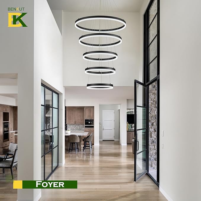 5-Rings Modern LED Chandelier Black High Ceiling Chandelier with Remote Control Dimmable Pendant Lighting for Dining Room Foyer Living Room Entryway Staircase(3000K-6500K, D23.6’’)