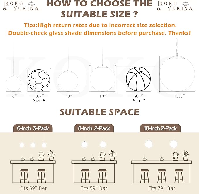 KoKo&Yukina 6 Inch Globe Pendant Light Gold Globe Pendant Lights Kitchen Island Mid Century Light Fixture with Grey Glass Shade for Dining Room