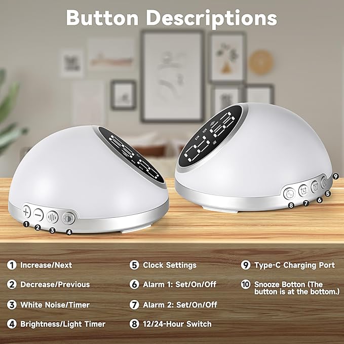 Alarm Clocks Bedrooms Sleep Sounds, Digital Dual Alarm Clock Bedroom, Bedside Alarm Clock Adjustable Brightness Button/App Control Night Light White Noises 12/24H Up to 10 Alarms, Silver
