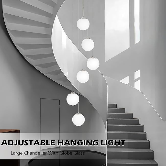 KoKo&Yukina Globe Pendant Light 6 Light Nickel Globe Pendant Lights Kitchen Island Mid Century Light Fixture with Milky White Glass Shade Lights for Staircase