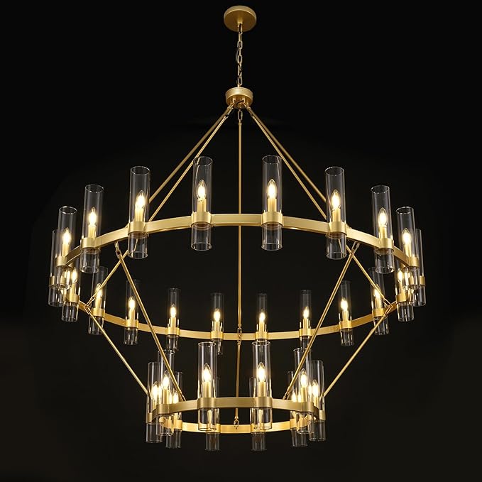 2 Tier Gold Wagon Wheel Chandelier, 60 Inch Farmhouse Chandelier with Glass Tube, 30-Light Large Round Chandeliers for Dining Room, Living Room, Bedroom and Entryway
