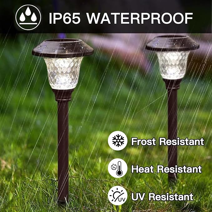 BEAU JARDIN 8 Pack Solar Pathway Lights Stainless Steel Outdoor Solar Powered Waterproof Glass High Lumen for Garden Landscape Path Yard Walkway Patio Driveway Outside White Color Changing Bronze