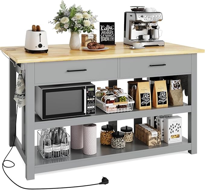 47.3" Solid Rubberwood Kitchen Island with Power Outlets - Extra Large Work Surface, 2 Drawers & Open Shelves Storage Cabinet for Kitchen Dining Room, Farmhouse Style (Grey)