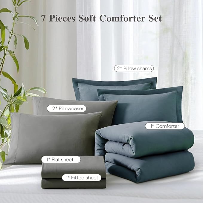 WRENSONGE Full Size Comforter Set- 7 Pieces Blue Grey Bed in a Bag Full Size Comforter with Fitted Sheet, Flat Sheet, 2 Pillow Shams, 2 Pillowcases, Warm Bedding Sets for All Season