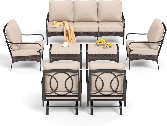 PHI VILLA Extra Large Outdoor Modern Patio Furniture Set, Upgraded Wicker&Metal Patio Furniture Conversation Set with Waterproof Thick Cushions for Porch, Poolside, Deck, and Yard