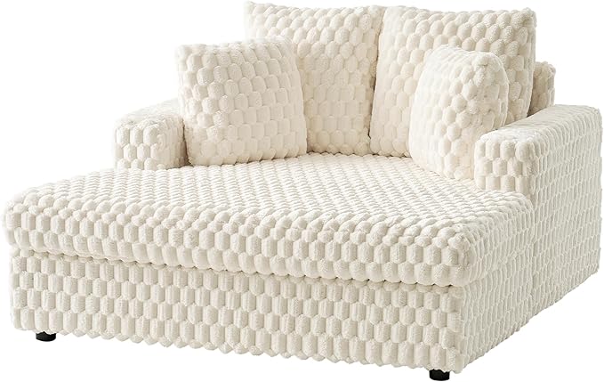 VanAcc 53 Inch Chaise Lounge Indoor, Upholstered Sofa Bed with Throw Pillows and Armrests, Sleeper Bed- Plush Lounge Chair for Living Room, White